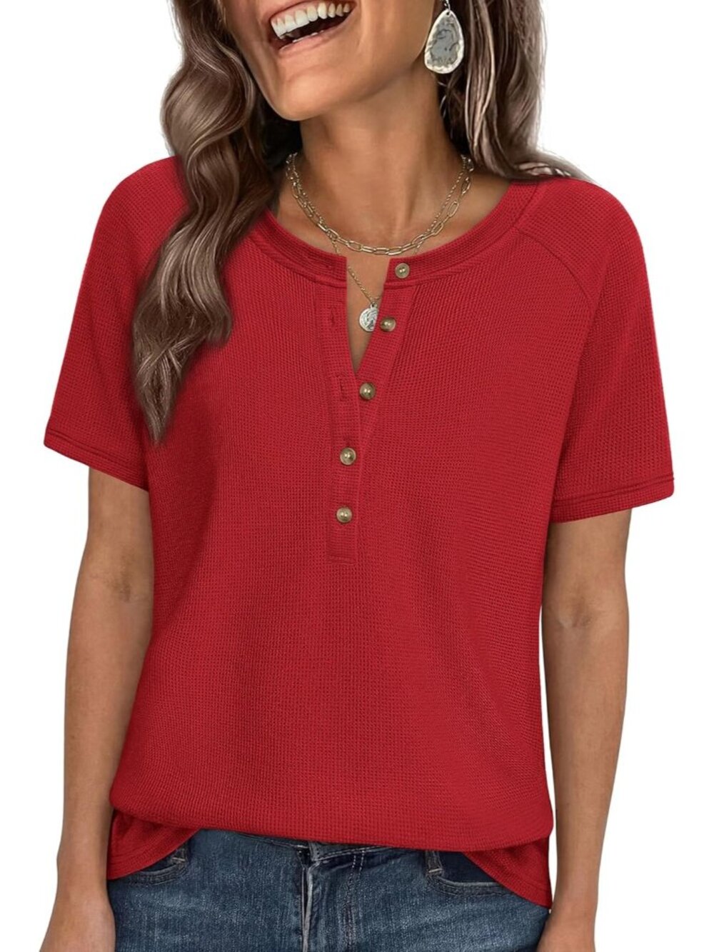 Women's Red Short Sleeve Blouses Dressy Casual Henley Tops Clothes Shirts